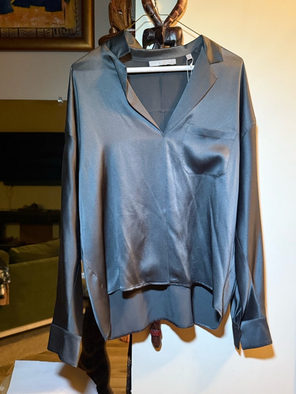 Vince Satin Button-Down Blouse in Charcoal